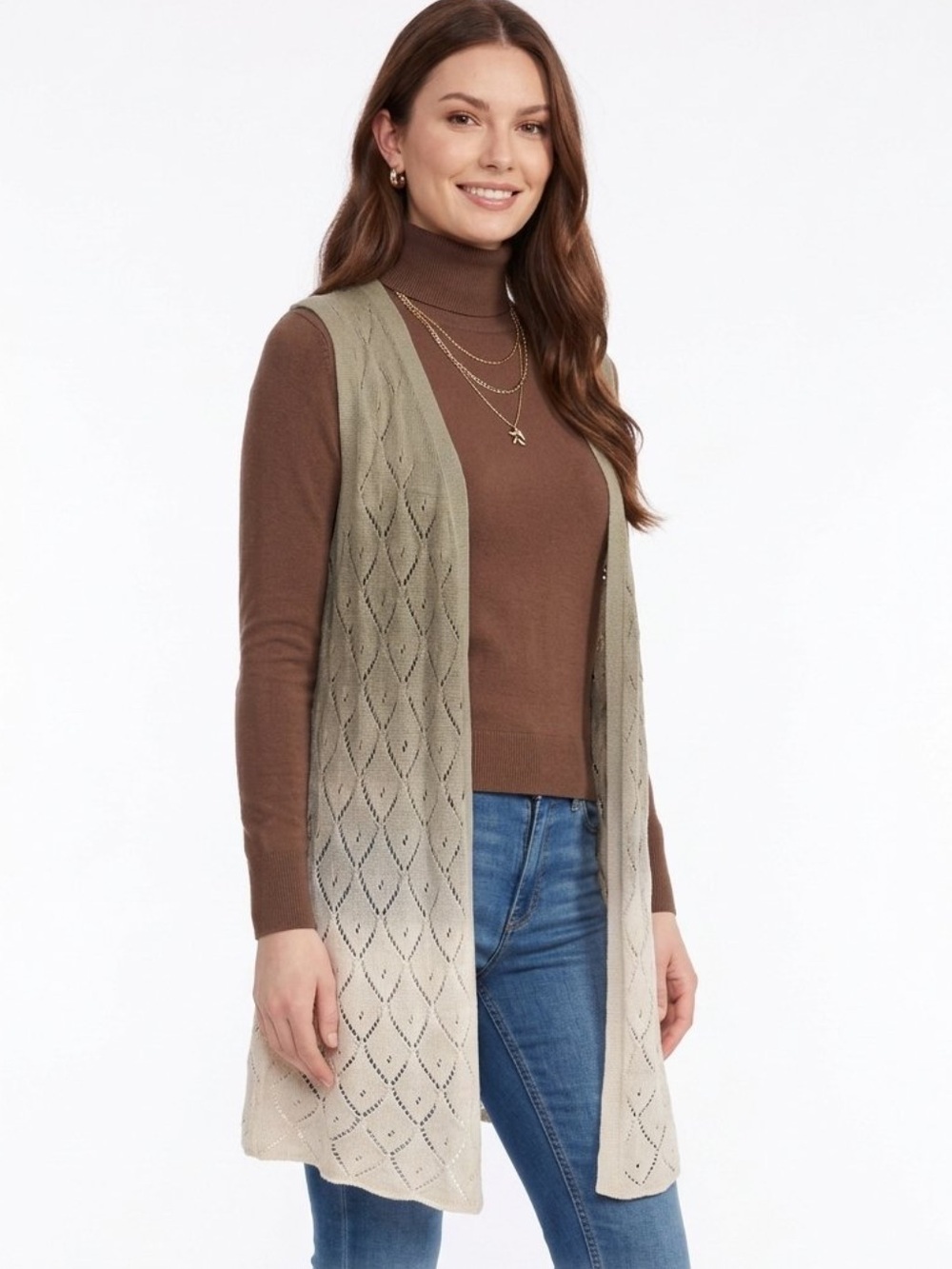 Kori America Sleeveless Vest Cardigan Open Front Vertical Ombre  Grey Off White